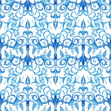 Mavi renkte seramik fayans tasarımı. Sicilya pürüzsüz süsü. Barok suluboya geçmişi. Elle çizilmiş kraliyet süsü. Akdeniz İtalyan baskısı.