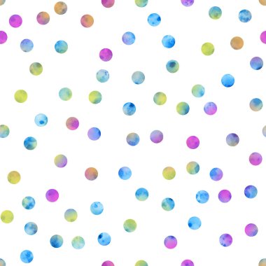 Çok renkli puantiyeli noktalar dikişsiz suluboya deseni. El çizimi sonsuz arka plan. Doku daireleri basit arkaplan. Kumaş ve duvar kağıtları için.