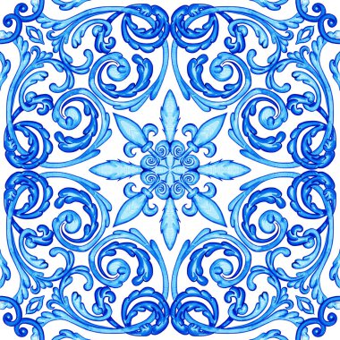 Mavi renkte seramik fayans tasarımı. Sicilya pürüzsüz süsü. Barok suluboya geçmişi. Elle çizilmiş kraliyet süsü. Akdeniz İtalyan baskısı.