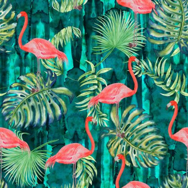 Tropik yapraklar ve flamingolar sulu boya desenleri. Elle çizilmiş pembe kuşlar ve egzotik bitkilerin dalları. Kumaş ve duvar kağıdı için sonsuz arkaplan.