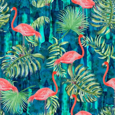 Tropik yapraklar ve flamingolar sulu boya desenleri. Elle çizilmiş pembe kuşlar ve egzotik bitkilerin dalları. Kumaş ve duvar kağıdı için sonsuz arkaplan.