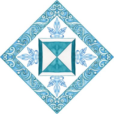 Mavi renkte seramik fayans tasarımı. Sicilya pürüzsüz süsü. Barok suluboya geçmişi. Elle çizilmiş kraliyet süsü. Akdeniz İtalyan baskısı.