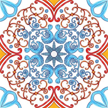 Klasik seramik kare seramik tasarımı. El çizimi sonsuz İtalyan majolika baskısı. İtalyan azulejo kusursuz desen. Fas ve Portekiz tarzı süsler..