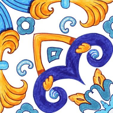 Majolica watercolor seamless pattern. Sicilian hand drawn ornament. Traditional blue and yellow ceramic tiles. Portuguese traditional azulejo pattern. Moroccan style.	