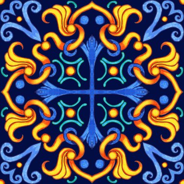 Majolica watercolor seamless pattern. Sicilian hand drawn ornament. Traditional blue and yellow ceramic tiles. Portuguese traditional azulejo pattern. Moroccan style.	