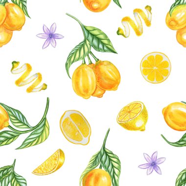 Dallardaki limon meyveleri ve çiçekler suluboya, pürüzsüz desen. Duvar kâğıdı ve kumaş için çiçek açan narenciye dallarıyla sonsuz bir arka plan. Yaz el çizimi Akdeniz baskısı.