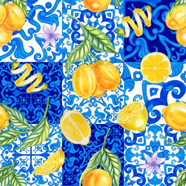 Akdeniz 'in pürüzsüz deseni. Mavi majolika fayanslar ve sarı limonlar sonsuz arka plan. Kumaş ve duvar kağıtları için geleneksel Sicilya baskısı. Mavi Azulejo. İtalyan stili.
