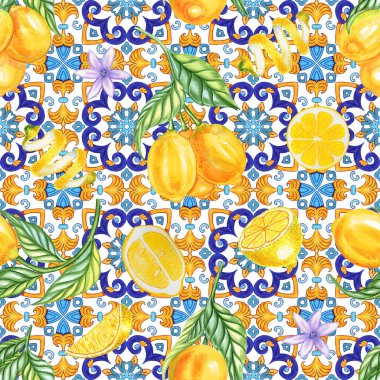 Akdeniz 'in pürüzsüz deseni. Mavi majolika fayanslar ve sarı limonlar sonsuz arka plan. Kumaş ve duvar kağıtları için geleneksel Sicilya baskısı. Mavi azulejo.