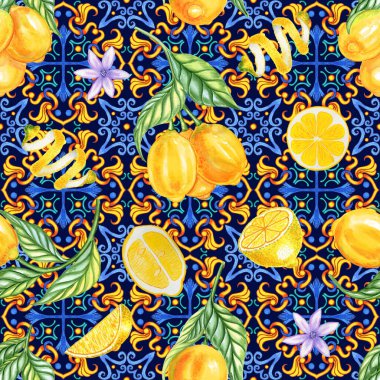 Akdeniz 'in pürüzsüz deseni. Mavi majolika fayanslar ve sarı limonlar sonsuz arka plan. Kumaş ve duvar kağıtları için geleneksel Sicilya baskısı. Mavi azulejo.