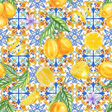 Akdeniz 'in pürüzsüz deseni. Mavi majolika fayanslar ve sarı limonlar sonsuz arka plan. Kumaş ve duvar kağıtları için geleneksel Sicilya baskısı. Mavi azulejo.
