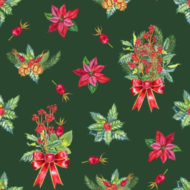 Noel şablonu kutsal dallar ve noktalı setlerle dolu. Paket kağıdı için elle çizilmiş kusursuz bir iz. Yeni yıl buketleri ve geleneksel botanik böğürtlenleri..