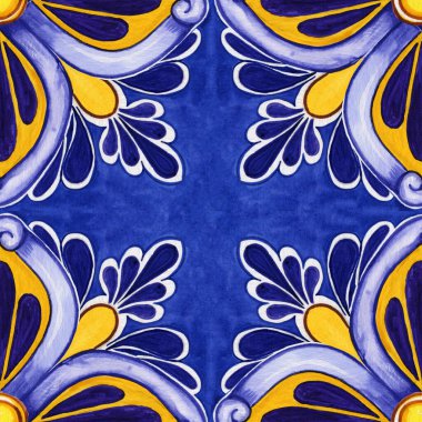 Geleneksel Azulejo seramik fayansları. Kumaş ve duvar kâğıdı için el çizimi İtalyan baskısı. Sicilya majolikası mavi ve sarı renklerde. Akdeniz tarzı süs.