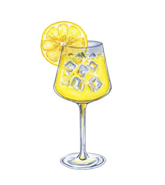 Cam bardakta limoncello kokteyl spreyi suluboya çizimi. Buzlu ve limon dilimli limon içeceğinin elle çizilmiş hali. Menü ve bar için.