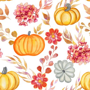 Sonbahar çiçekleri ve balkabakları sulu boya desenleri. Elle çizilmiş yapraklar ve sonsuz hasat festivali geçmişi. Kumaş ve duvar kağıdı için yazdır.