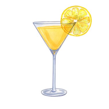 Camdan suluboya bir resimde limoncello likörü. Ev yapımı geleneksel İtalyan alkollü likör limonlardan yapılmış. Menü ve bar için bir bardakta iç..