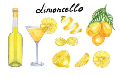 Gözlük ve şişede limoncello boyası. İzole bir arka planda limonlu İtalyan likörü ve meyvesinin el çizimi. Bar ve menü için.