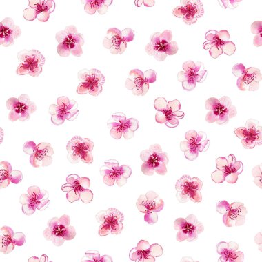Bahar çiçeğinin narin pembe çiçekleri dikişsiz suluboya desenleri. Kumaş ve duvar kağıdı için el yapımı şeftali ve kiraz tomurcukları. Sonsuz sakura arkaplanı.