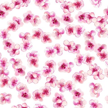 Bahar çiçeğinin narin pembe çiçekleri dikişsiz suluboya desenleri. Kumaş ve duvar kağıdı için el yapımı şeftali ve kiraz tomurcukları. Sonsuz sakura arkaplanı.