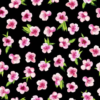 Narin pembe bahar çiçekleri ve pürüzsüz suluboya desenleri. Kumaş ve duvar kağıdı için el yapımı şeftali ve kiraz tomurcukları. Sonsuz sakura arkaplanı.