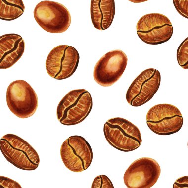 Kavrulmuş kahve çekirdekleri sulu boya desenleri. Kumaş ve ambalaj kağıdı için el çizimi sonsuz arkaplan.