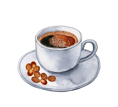 Bir fincan siyah espresso kahve ve kahve çekirdekleri suluboya el çizimi. Sıcak bir sabah içkisi.