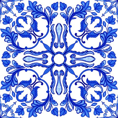 Mavi renkte seramik fayans tasarımı. Sicilya pürüzsüz süsü. Barok suluboya geçmişi. Elle çizilmiş kraliyet süsü. Akdeniz İtalyan baskısı.