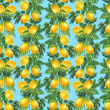Yaprakları suluboya desenli dallar üzerinde olgun sarı limonlar. El çizimi tropikal meyveler kumaş ve duvar kağıdı için sonsuz arkaplan.
