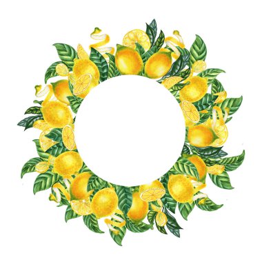 Sarı olgun limonlar, yuvarlak çelenk çerçevesi. Kartlar ve tasarım için narenciye ve yaprakların suluboya çizimi. El çizimi yaz daveti.