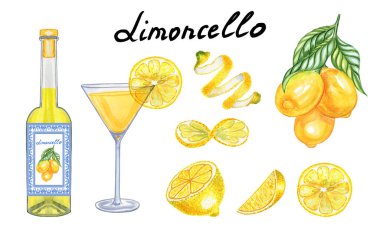 Gözlük ve şişede limoncello boyası. İzole bir arka planda limonlu İtalyan likörü ve meyvesinin el çizimi. Bar ve menü için.