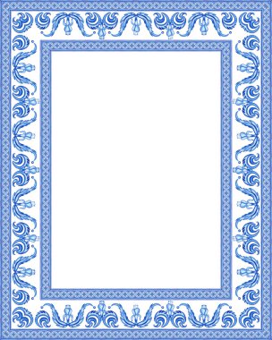 Geleneksel İtalyan tarzında dikdörtgen suluboya çerçeve. Davetiye ve tebrik kartı için el çizimi Sicilya majolikası desenleri. Mavi azulejo içeren antetli şablon.