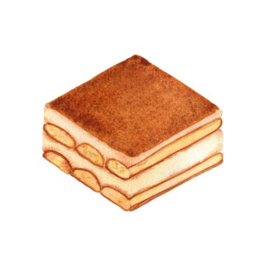 Tiramisu suluboya çizimi. İzole edilmiş arka planda geleneksel İtalyan kahveli kekinin el çizimi. Menü ve pasta tasarımı için