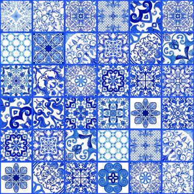 Mavi suluboya majolika fayanslar. El çizimi geleneksel Sicilya süsü. Kumaş ve duvar kağıtları için İtalyan arka planı. Azulejos tasarımı.