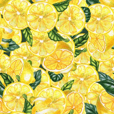 Limon dilimleri ve dikişsiz suluboya desenler bırakır. El çizimi sarı turunçgilerin sonsuz arkaplanı. Kumaş ve duvar kağıdı için. Yaz taze baskısı.