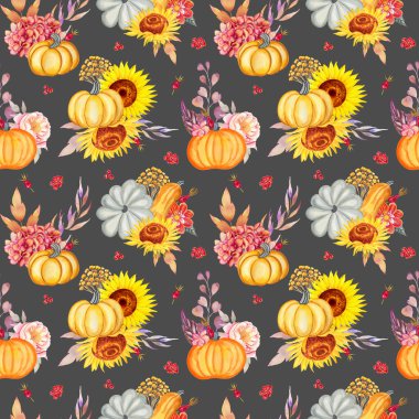 Balkabakları ve ayçiçekleri sulu boya desenleri. Sonbahar çiçekleri ve bitmeyen sonbahar el kaplamaları. Kumaş ve duvar kağıdı için sezon baskısı al.