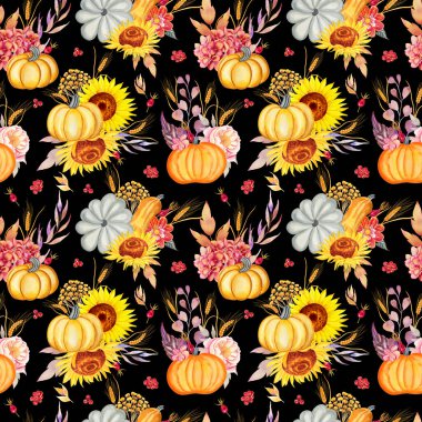 Balkabakları ve ayçiçekleri sulu boya desenleri. Sonbahar çiçekleri ve bitmeyen sonbahar el kaplamaları. Kumaş ve duvar kağıdı için hasat ve buğday sezonu baskısı.