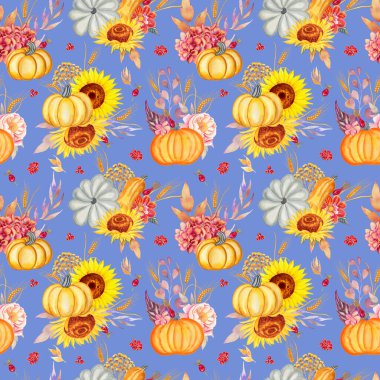 Balkabakları ve ayçiçekleri sulu boya desenleri. Sonbahar çiçekleri ve bitmeyen sonbahar el kaplamaları. Kumaş ve duvar kağıdı için hasat ve buğday sezonu baskısı.