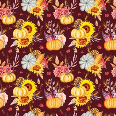 Balkabakları ve ayçiçekleri sulu boya desenleri. Sonbahar çiçekleri ve bitmeyen sonbahar el kaplamaları. Kumaş ve duvar kağıdı için hasat ve buğday sezonu baskısı.