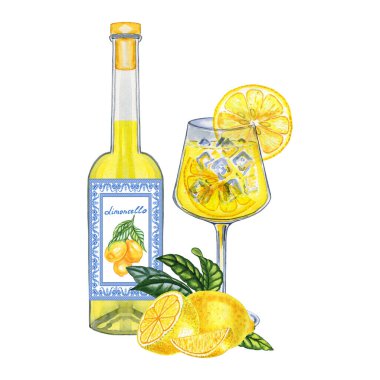 Limoncello şişesi ve sprey cam suluboya düzenleme. Geleneksel limon likörü İtalyan kokteyli ve ambalaj ve menü tasarımı için limon elle çizilmiş kompozisyonu.