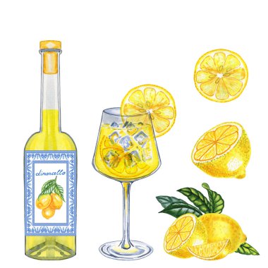 Limoncello şişesi ve sprey cam suluboya klipsleri. El çizimi limon geleneksel İtalyan likörü kokteyli ve ambalaj ve menü tasarımı için limonlar.