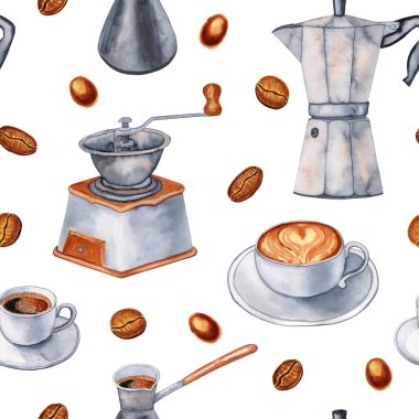 Fincanda kahve içmesi ve suluboya desenini hazırlamak için aletler. Elle çizilmiş kahve öğütücüsü ve gayzer kahve makinesinin sonsuz arkaplanı..