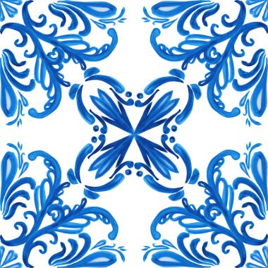 Azulejo seramik fayanslar. Geleneksel İtalyan majolikasının kusursuz deseni. El çizimi suluboya mavi desen. Kumaş için Sicilya tasarım baskısı