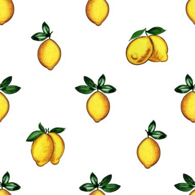 Yaprakları suluboya desenli dallar üzerinde olgun sarı limonlar. El çizimi tropikal meyveler kumaş ve duvar kağıdı için sonsuz arkaplan.