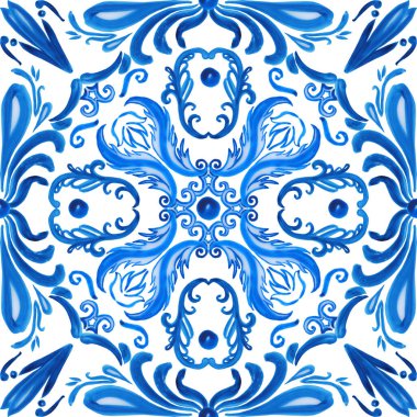 Azulejo seramik fayanslar. Geleneksel İtalyan majolikasının kusursuz deseni. El çizimi suluboya mavi desen. Kumaş için Sicilya tasarım baskısı