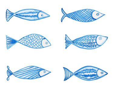 Mavi soyut suluboya balık seti. İzole edilmiş arka planda elle çizilmiş deniz canlıları. Tasarım için yaz monokrom illüstrasyon sanatı.