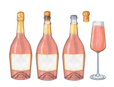 Mantarsız ve kapalı şişe ve pembe şampanya ya da gül suluboya resimli cam seti. İzole edilmiş arka planda şeffaf pembe şarap resmi. Menü ve çubuk için.