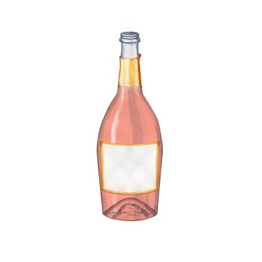 Pembe şampanya ya da gül suluboya resimleriyle tıpalanmış şişe. İzole edilmiş arka planda pembe köpüklü şarap bulunan şeffaf bir şişe resmi. Menü ve çubuk için.