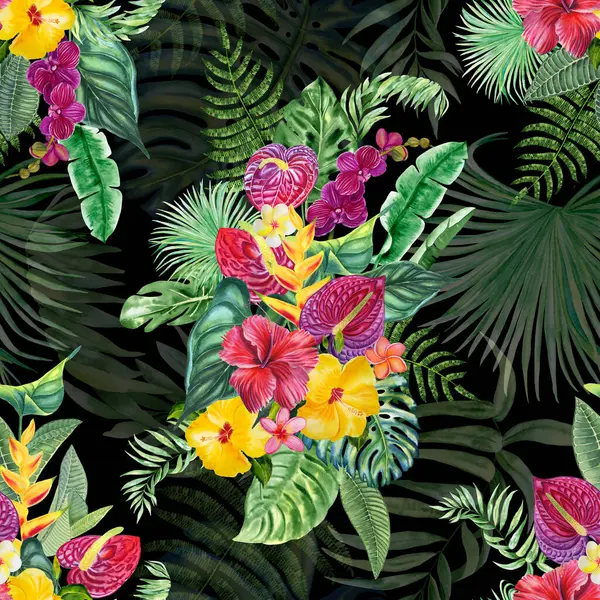 Bright tropical flowers and leaves watercolor hand drawn seamless pattern. Exotic plants summer background. Palm leaves and Hawaiian branches print for fabric and wallpaper.