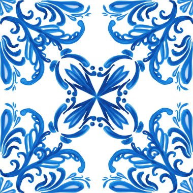 Azulejo seramik fayanslar. Geleneksel İtalyan majolikasının kusursuz deseni. El çizimi suluboya mavi desen. Kumaş için Sicilya tasarım baskısı