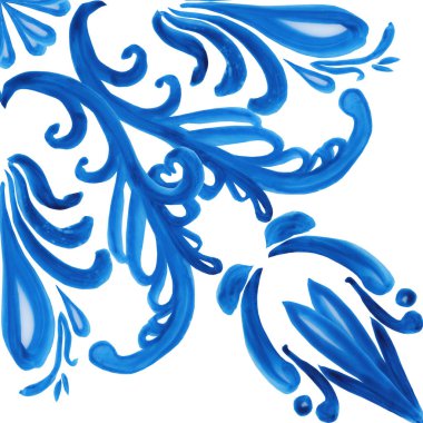 Azulejo seramik fayanslar. Geleneksel İtalyan majolikasının kusursuz deseni. El çizimi suluboya mavi desen. Kumaş için Sicilya tasarım baskısı