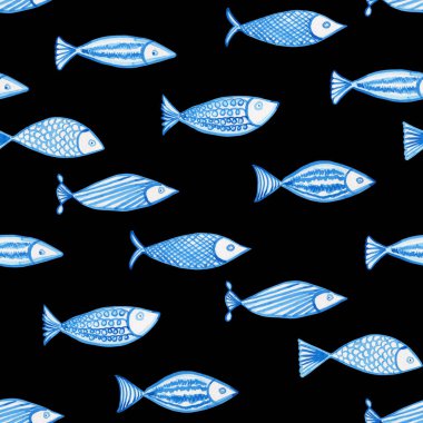 Mavi soyut suluboya balık pürüzsüz deseni. El çizimi deniz yaratıkları sonsuz bir arka plan. Duvar kağıdı ve kumaş için yaz monokrom çizimi. Çocukların monokrom baskısı.
